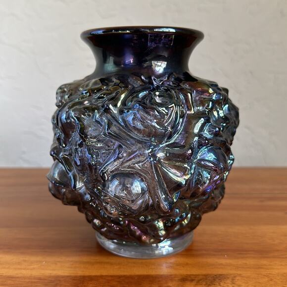 Rare Vintage La Bella Rose Imperial Smoke Carnival Glass Vase Blue floral‎ - Picture 2 of 5